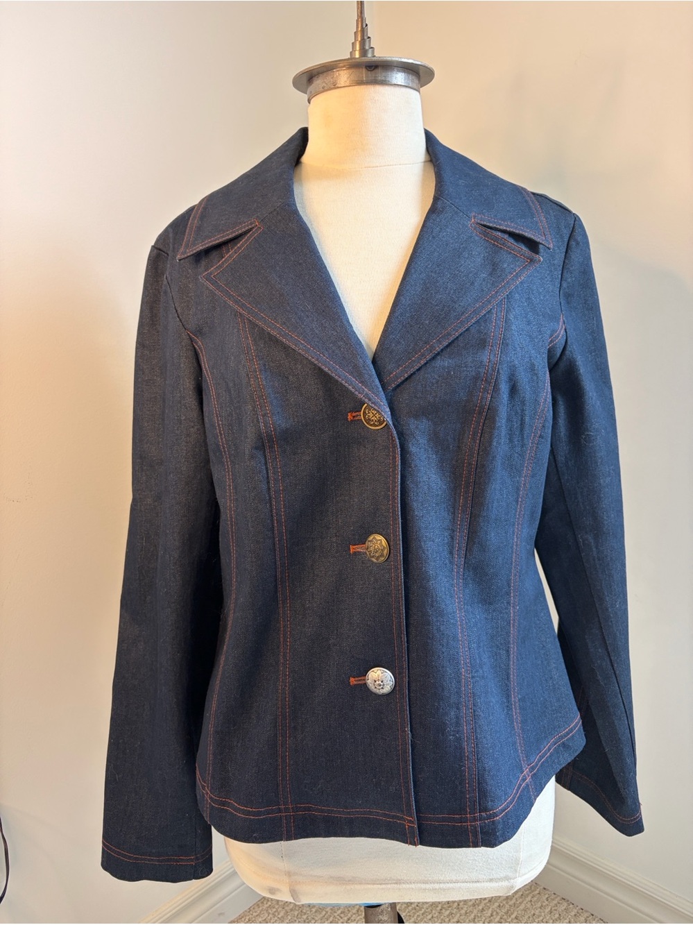 Women's Dark Blue Denim Tailored Jacket with Back Embroidered - Picture 6 of 13